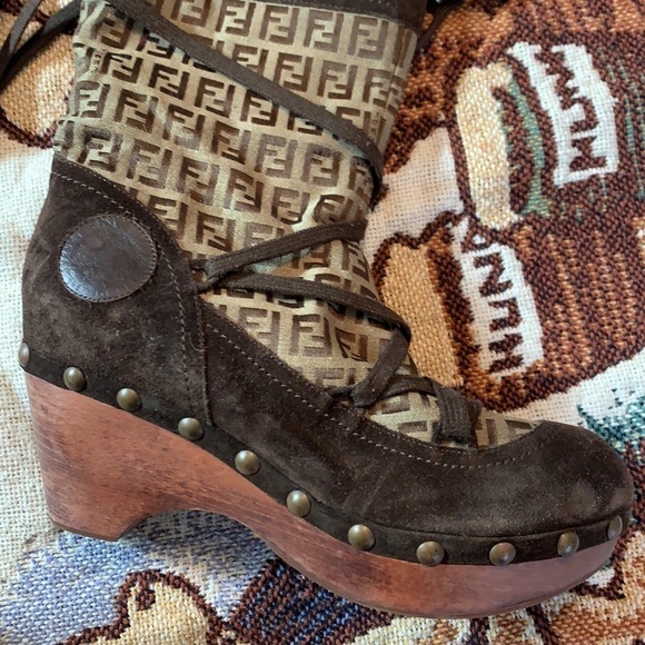 FENDI Logo Wood Platform Fur Lined Brown Winter Boots 37 studded Rare - Picture 5 of 14